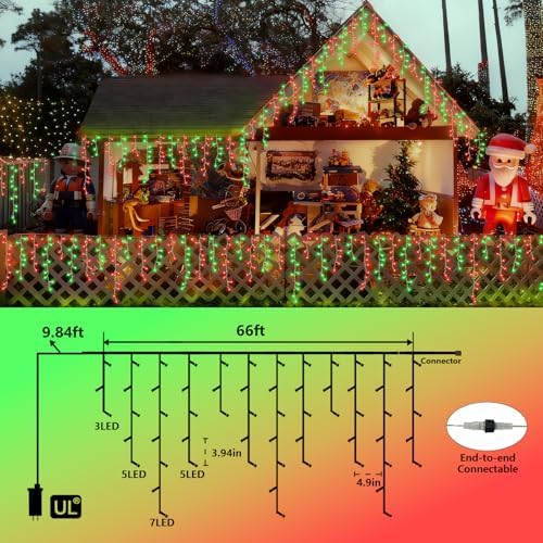 YEGUO 66ft 800 LED Red and Green Icicle Lights Outdoor Waterproof, 160 Drops Icicle String Lights Connectable, 8 Modes Icicle Christmas Lights with Memory Timer - Image 2