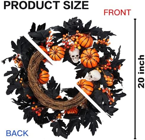 Sggvecsy Halloween Wreath with Artificial Pumpkin Handmade Black Maple Leave Skull Pumpkin Orange Berries 20''Front Door Decorations for Indoor Outdoor Home Halloween Festival Decoration - Image 6