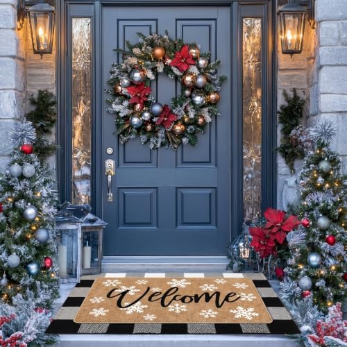 Tinideya 2 Pcs Winter Snowflake Doormats Christmas Layered Welcome Outdoor Door Mats with Buffalo Plaid Front Door Rug Non Slip Floor Mats for Porch Entryway Xmas Holiday Seasonal Decor - Image 3