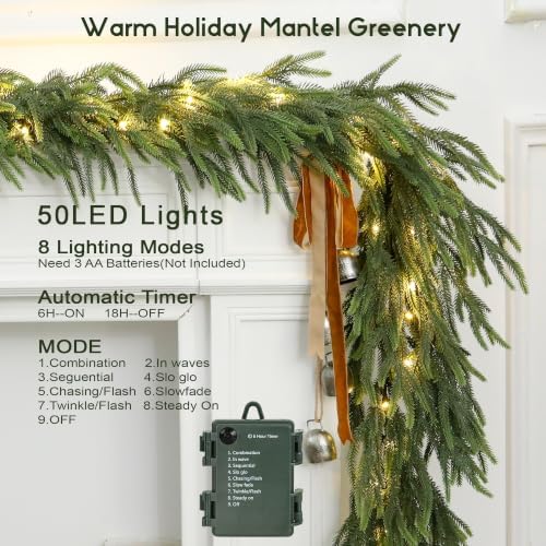 2Pcs 9FT Soft Touch Artificial Norfolk Pine Christmas Garland with Lights - Image 2
