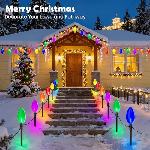 Outdoor Jumbo C9 Christmas Pathway Lights, 23FT Connectable Walkway Lights with 12 Multicolor LED Bulbs for Driveway Yard Lawn Garden - Image 6