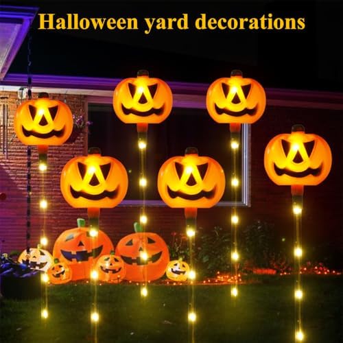 6 Pack Solar Pumpkin Garden Pathway Stake Lights Outdoor Halloween Decorations,8 Modes Solar Pumpkin Lights for Outside Waterproof Lighted Scary jack o lantern for Patio Yard Lawn Grave Decor - Image 5