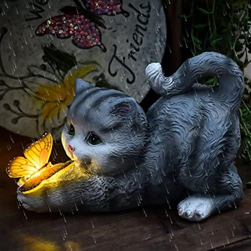 Solar Garden Statue Cat,Garden Figurine Outdoor Decoration with Cat Holding Butterfly for Yard,Patio,Lawn Art Decoration,Housewarming Gift - Image 5