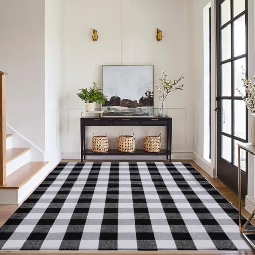 Buffalo Plaid Area Rug 5x7 Ft, Black White Indoor Outdoor Rug by PIXFAIRY