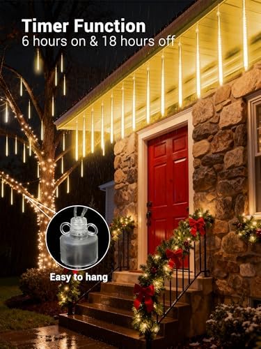 Flacchi Meteor Shower Icicle Lights - 5 Tubes 20" Each 270 LED Cascading Raindrop Lights, Timer Outdoor Waterproof Christmas Decorations for Holiday Party(Warm White) - Image 2