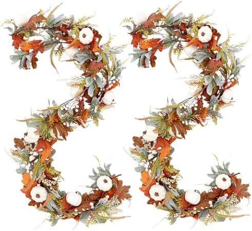 Jutom 12 ft Thanksgiving Garland for Mantle, Fall Wreath with Pumpkin Eucalyptus Leaves Maples Berry Autumn Garland Decorations for Home Porch Fireplace Table Centerpiece Outdoor Decor - Image 6