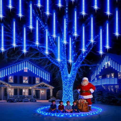 PEMOTech Christmas Lights Outdoor,16 Tubes (Equivalent to 2 Sets of 8-Tubes) Meteor Shower Lights,Waterproof Christmas Decorations for Xmas Tree Party, Outdoor Christmas Decorations,UL Plug,Blue by PEMOTech