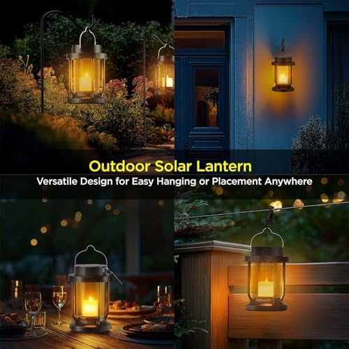 Solar Lantern Outdoor & Indoor Use – Hanging Solar Lights with Realistic Flickering Flameless Candle, Weatherproof for Gardens, Patios, Trees, and Lawns (Black + Amber, 2 Pack) - Image 6
