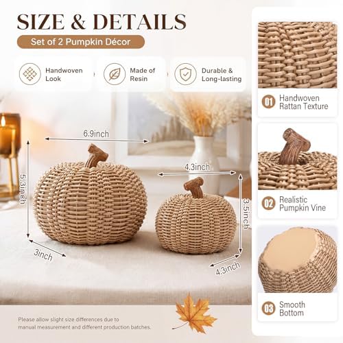 Fuutreo 2 Pack 6.9in 4.3in Pumpkin Fall Decor Resin Woven Pumpkins Figurine - Image 2