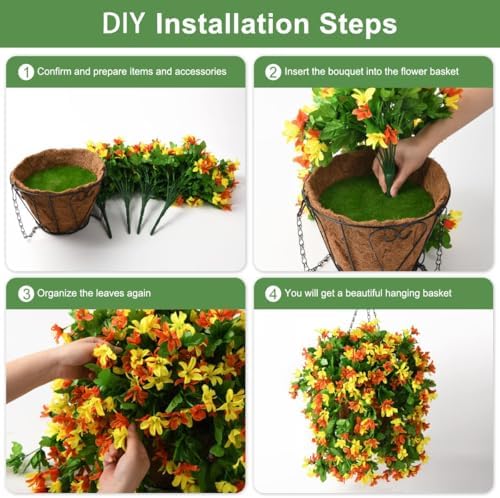 INQCMY Artificial Hanging Flowers Decoration, 4pcs Fake Floral Basket Plants for Outdoor Porch, Faux Shrubs Home Spring Decor UV Resistant Potted Violets for Outside Garden No Fade - Image 3