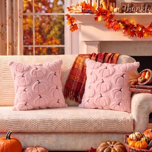 Fall Pillow Covers Pumpkin Fall Decor 16x16 Set of 2 Pink - Image 7