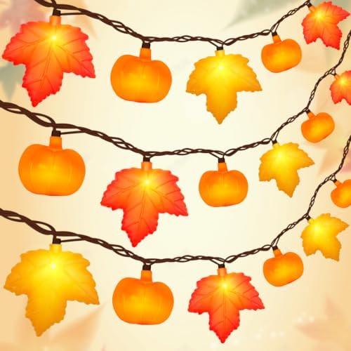 Fall Decor - 12Ft 20 LED Maple Leaf Pumpkin String Lights Plug in, 3D Fall String Lights Orange Yellow Leaves & Pumpkin Lights for Indoor Outdoor Home Autumn Decor & Thanksgiving Decorations, 0.07W by SOTOPOO