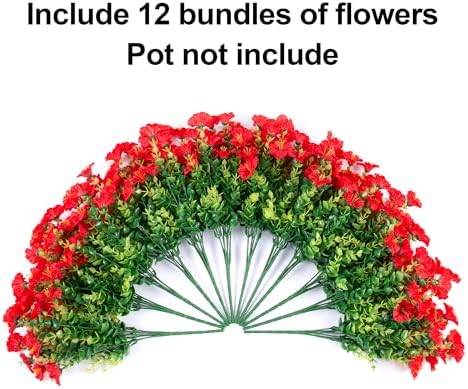 Artificial Flowers Fake Plants for Outdoors Decoration, 12 Bundles Red Silk Morning Glory with Eucalyptus Realistic UV Resistant Faux Flowers Greenery for Outside Planter Yard Garden Home Indoor Patio - Image 5