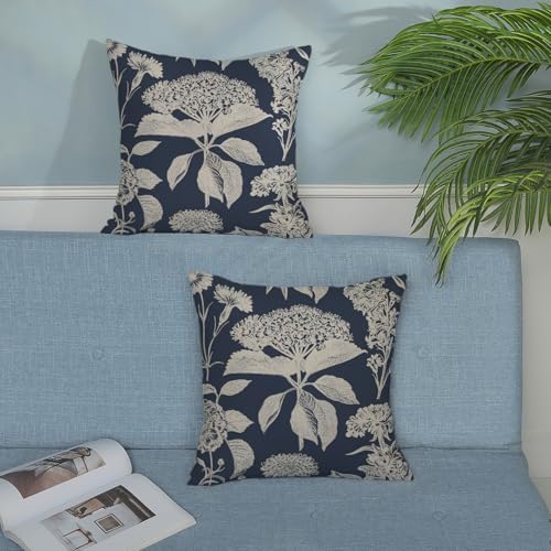 Vintage Floral Pillow Covers 18x18 Inch 2 Pcs Boho Navy Blue Hydrangea Flower Decor Throw Pillows Spring Summer Seasonal Outdoor Farmhouse Decoration Pillowcase Linen Cushion Cover for Couch - Image 3