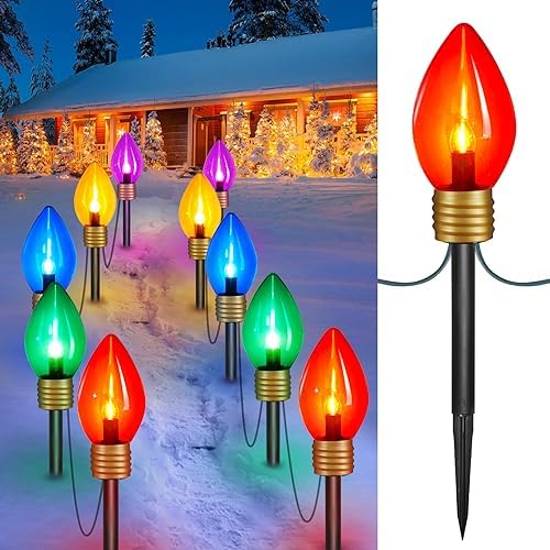 Christmas Lights Jumbo C9 Outdoor Lawn Decorations with Pathway Marker Stakes, 2 Pack 8.5 Feet String Lights Covered Jumbo Multicolored Light Bulb for Holiday Outside Yard Garden Decor, 10 Lights by Minetom