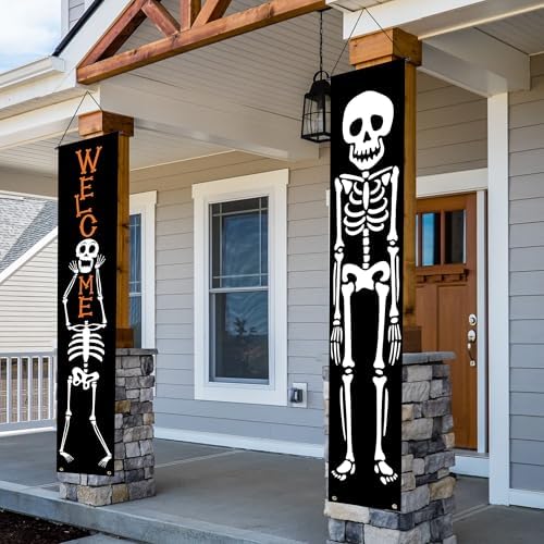 Halloween Banner Decorations Outdoor Indoor Happy Halloween Decor Trick or Treat Decorative Hanging Banners Porch Welcome Signs for Front Door Outside Yard Garland Party Supplies (Skeleton-Welcome) by KENPMA