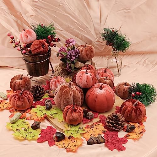 Woration 18pcs Velvet Pumpkin Decor Mix Size Fake Faux Foam Fabric Pumpkins - Image 5