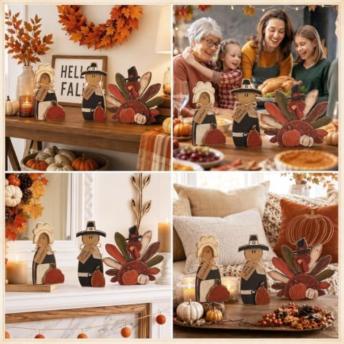 Cinnvoice 3 Pcs Fall Decorations Thanksgiving Pilgrim Turkey Tabletop Signs - Image 5