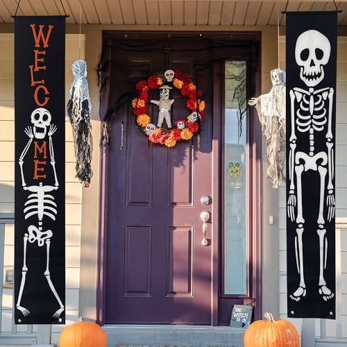Halloween Banner Decorations Outdoor Indoor Happy Halloween Decor Trick or Treat Decorative Hanging Banners Porch Welcome Signs for Front Door Outside Yard Garland Party Supplies (Skeleton-Welcome) - Image 5