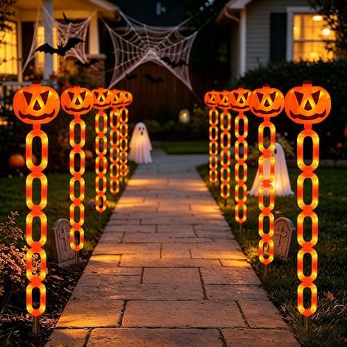 Halloween Decorations Outdoor Solar Pumpkin Chain Stake Lights, 6 Pack Orange Jack O Lantern Halloween Pathway Decor Lights for Halloween Display Garden Yard Lawn Grave Porch Spooky Decor by Viewpick