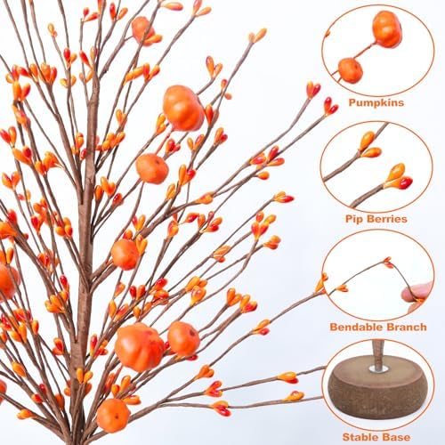 2 Pack Fall Decor Artificial Tree with Orange Pumpkins and Berries 15 Inch - Image 3