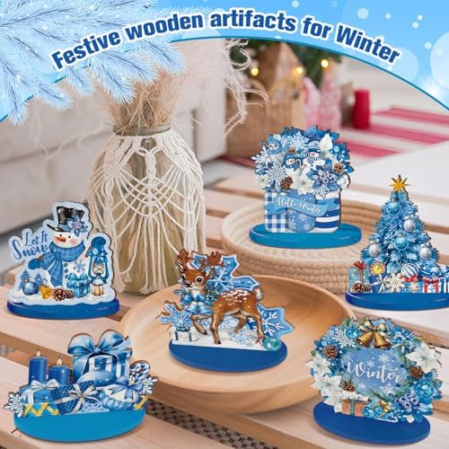 Wesiti 12 Pcs Christmas Snowflake Table Decoration Wooden Blue Winter Signs - Image 6