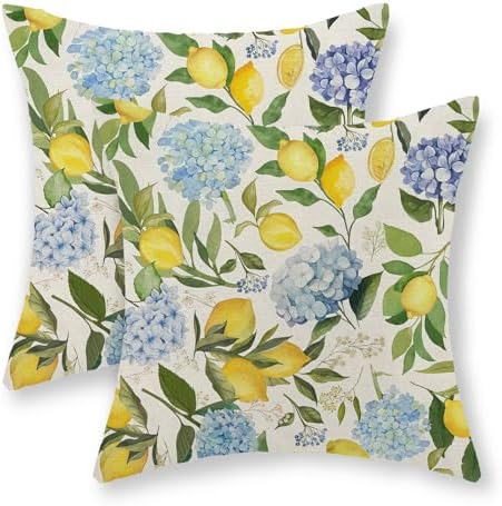 Blue Yellow Pillow Covers 18x18 Inch Set of 2 Lemon Flower Blue Hydrangea Floral Throw Pillows Seasonal Vintage Summer Outdoor Decorative Pillow Cases Decor Linen Cushion Cover for Couch Sofa by JEFERSO
