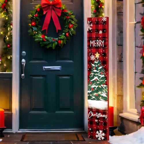 47" Christmas Porch Sign, Buffalo Plaid Wooden Door Hanger - Image 2