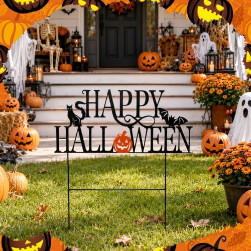 Amyhill Halloween Happy Sign Metal Garden Stakes Halloween Spooky Pumpkin Lantern Bat Cat Outdoor Yard Decorations with Stakes Decor for Indoor Home Lawn Porch Backyard Holiday Decor - Image 4