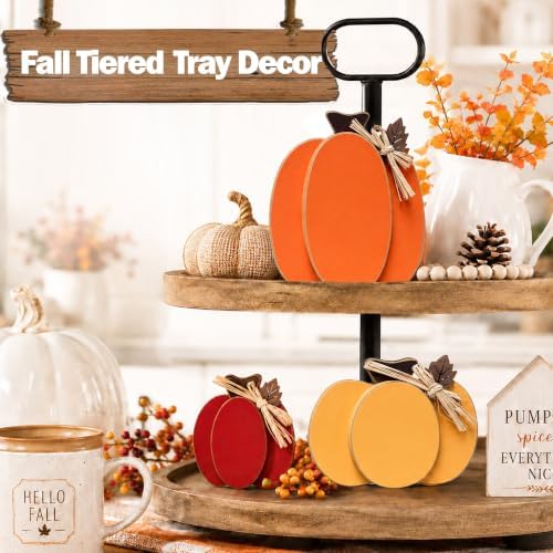 Wooden Pumpkin Fall Decor, 3-Piece Indoor Fall Decorations for Home, Rustic Harvest Autumn Thanksgiving Pumpkin Signs with Wooden Leaves for Tiered Tray, Table, Entryway, Mantel, Shelf, Office Desk - Image 2