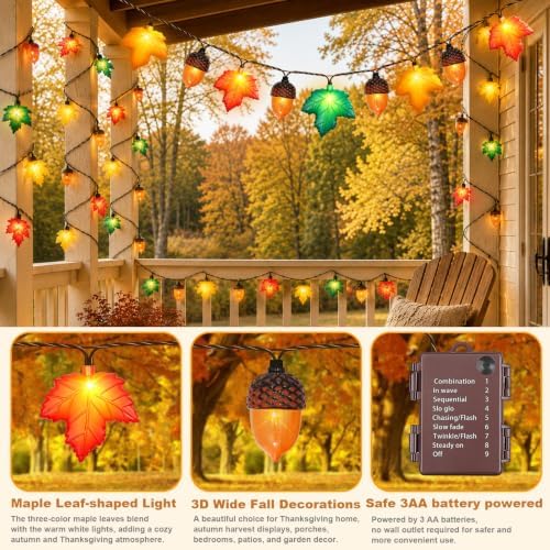 Fall Lights Battery Operated, 16.4FT 20 LED Fall String Lights with 3D Acorns and 3D Maple Leaves LED Autumn Lights with Timer 8 Modes for Autumn Thanksgiving Indoor Outdoor Fall Decor - Image 3