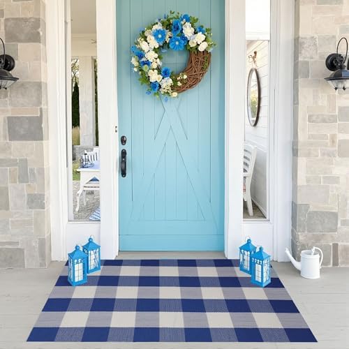 Buffalo Plaid Outdoor Rug 27.5" x 43" Blue and White Checkered Area Rug Washable Doormats Indoor Outdoor Rugs for Layered Front Door Mats, Porch, Entryway, Kitchen, Farmhouse - Image 3