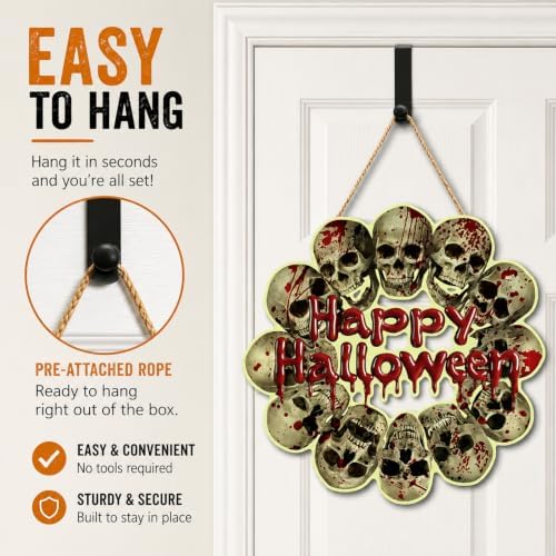 Bloody Skull Halloween Door Hanger Hanging Plaque, Happy Halloween Blood Wooden Sign, Creepy Skull Door Wreath Front Door Signs for Haunted House Front Porch Party Decoration - Image 6
