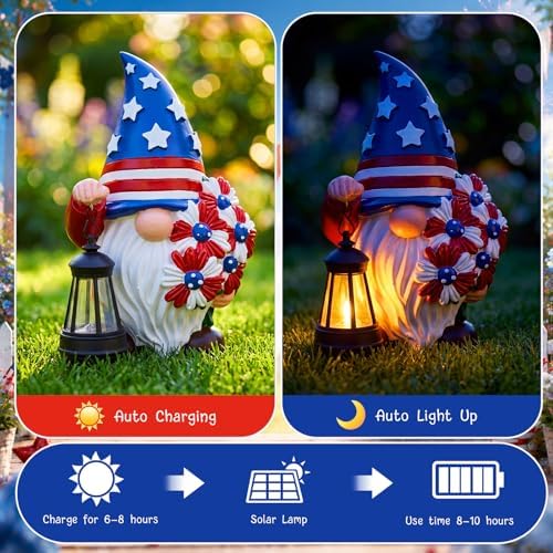 Capoda Solar Patriotic Gnome Statue 8" Garden Resin Gnome Figurine Holding Lantern with Solar LED Lights Decorations for Table 4th of July Independence Day Outdoor Yard Patio Lawn Decor - Image 3