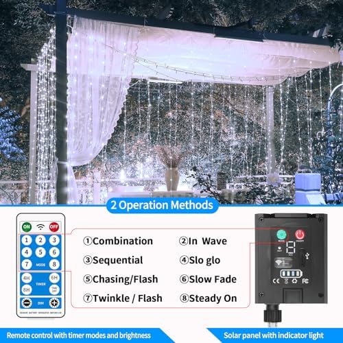 Solar Curtain Lights 10*10Ft 300LED Waterproof Waterfall Light with 8 Modes Remote Type C Charging Dimmable Timer Twinkle Fairy String Lights for Outdoor Christmas Gazebo Wedding Party Pergola Patio - Image 6