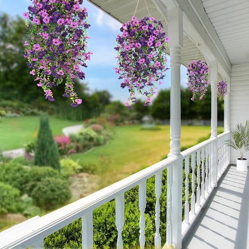 Artificial Fake Hanging Flowers Plants for Outdoor Outside Spring Summer Decoration 2PCS Faux Silk UV Resistant Realistic Mums Daisy with Eucalyptus for Home Porch Patio Balcony(Purple & Magenta) - Image 5