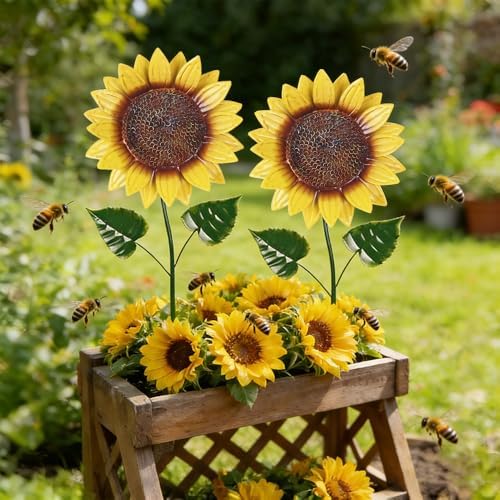 hogardeck Garden Decor for Outside, 2 Pack Sunflower Decorative Garden Stakes for Fall Outdoor Yard Decor, Metal Yard Art with Shaking Head for Garden Lawn Porch Decorations - Image 2