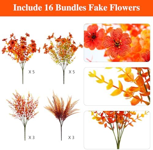 16PCS Artifcial Fall Flowers, Silk Flowers with Eucalyptus & Ferns - Image 2