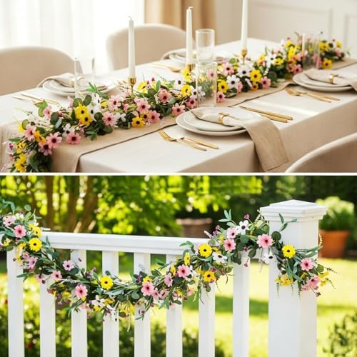 2Pcs 6.5 Ft Summer Flower Vine Garlands Artificial Wildflower Wisteria Lavender Daisy Spring Garland Not Withering Floral Wreath Garland All Year Round Home Decor for Indoor Outdoor Home Wedding Arch - Image 4