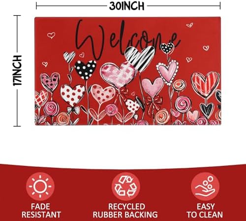 Valentine's Door Mat, Red Buffalo Plaid Love Hearts Leaves Indoor Outdoor Non-Slip Doormat, Entryway Front Porch Welcome Mat for Entrance Decor, 30" x 17" - Image 3