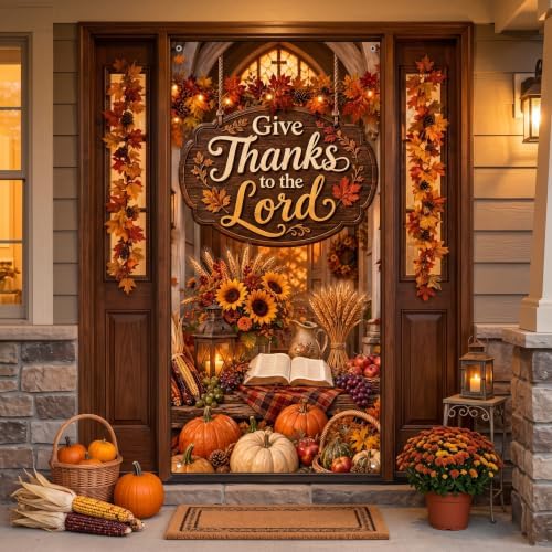 Christian Thanksgiving Door Banner, Give Thanks to The Lord Door Cover, Religious Christian Fall Harvest Front Door Decorations Porch Wall Party Photo Backdrop 70.8 x 35.4 Inch - Image 2