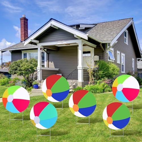 Tandefio 6 Pcs Summer Beach Balls Yard Signs with Stakes 11.8 Inch Waterproof Beach Ball Lawn Stakes Decorations for Outdoor Patio Garden Lawn Yard Party Sidewalks by Tandefio
