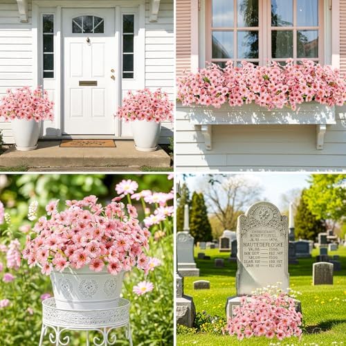 6 Bundles Pink Artificial Flowers for Outdoors, UV Resistant Faux Plants - Image 2