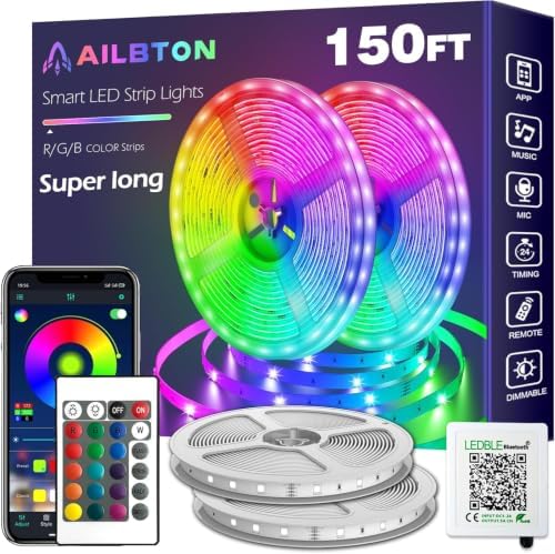 AILBTON 150ft Led Strip Lights(2 Rolls of 75ft led Lights) Ultra Long Led Light Strip with App Voice Control Remote,5050 RGB Music Sync Color Changing Led Lights for Bedroom,Party,Home Decoration by AILBTON