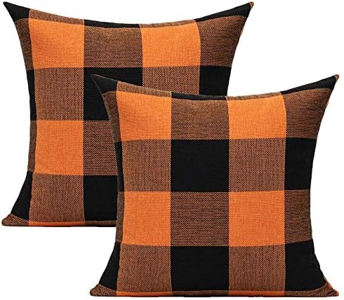 VAKADO 20x20 Set of 2 Halloween Orange and Black Buffalo Plaids Decorative Throw Pillow Covers Fall Farmhouse Classic Retro Rustic Square Cushion Cases Home Decor for Sofa Couch Patio Outdoor by VAKADO