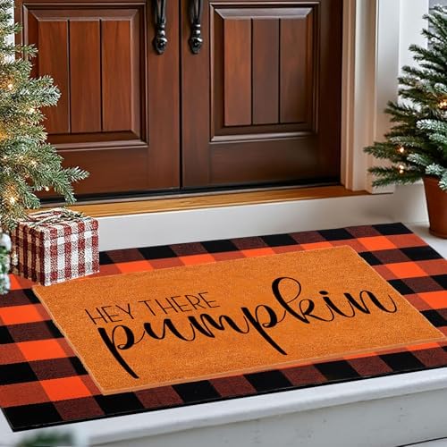 Fall Decor Door Mat Combo Set, Welcome Mat + 28 x 43 Inches Orange Black Checkered Buffalo Plaid Area Rugs for Autumn Thanksgiving Halloween Home Decorations Hey There Pumpkin by TEMOGU