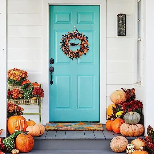 TOKCARE Halloween Wreath for Front Door with Pumpkins Berries and Wood Sign - Image 3
