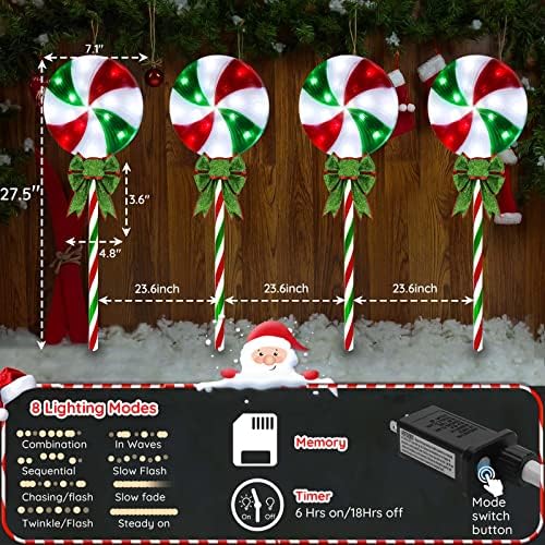 4 Pack 27.5" Lollipop Peppermint Christmas Pathway Lights Outdoor with Bows, Green Red White 80 LED Candy Cane Lights 8 Modes Timer Waterproof, Walkway Markers for Xmas Outsides Garden Yard Decoration - Image 3