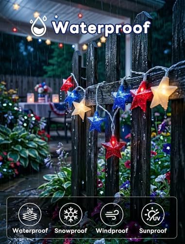 Red White Blue Stars String Lights, 8.5Ft 4th of July Decorations Lights with 10 Red White Blue Lights, Plug in Stars String Lights Outdoor for Independence Day Memorial Patriotic Party Gift Decor - Image 4