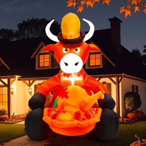Soulchen 5FT Thanksgiving Inflatable Highland Cow Outdoor Decorations with Pilgrim Hat Maple Holding Turkey Built-in LED Lighted Blow up for Yard Garden Lawn Autumn Holiday Party Decor by Soulchen